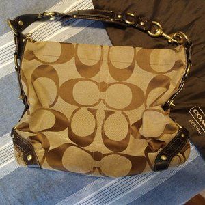Coach Carly Hobo Shoulder Signature Bag Canvas Logo Brown Tan with dust bag